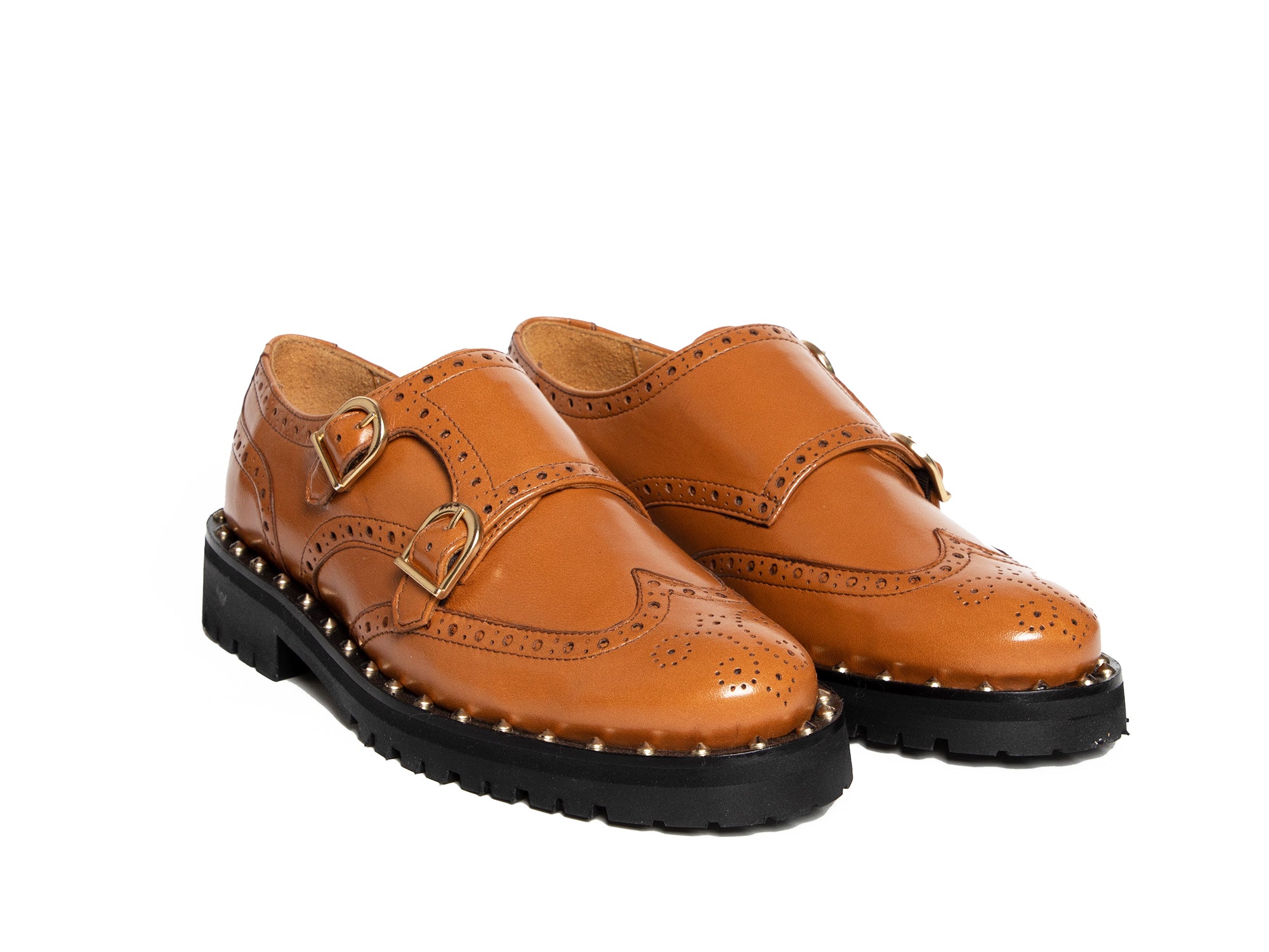 Tan double clearance monk strap shoes